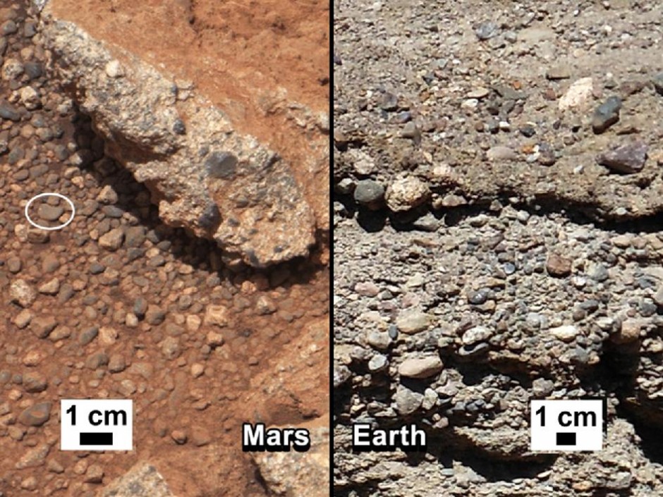 This set of images compares the Link outcrop of rocks on Mars (left) with similar rocks seen on Earth (right). Image credit: NASA/JPL-Caltech/MSSS and PSI