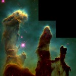 These columns that resemble stalagmites protruding from the floor of a cavern columns are in fact cool interstellar hydrogen gas and dust that act as incubators for new stars. Inside them and on their surface astronomers have found knots or globules of den